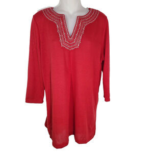 SML Design Tunic Top Womens Medium Metallic Embellished Red 3/4 Sleeve Knit NWT